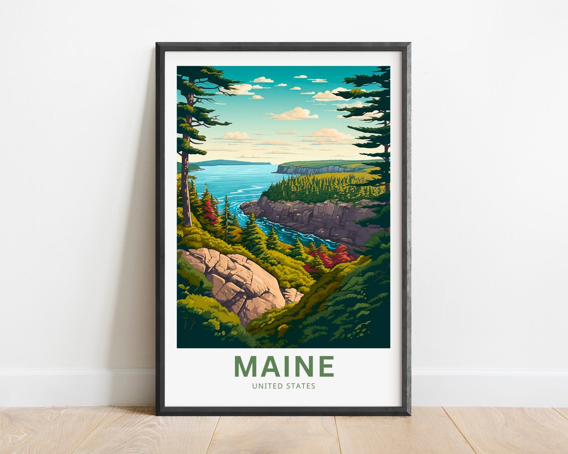 Maine Rocky Coast Pine Forest Ocean Cliffs Scenic Art Poster