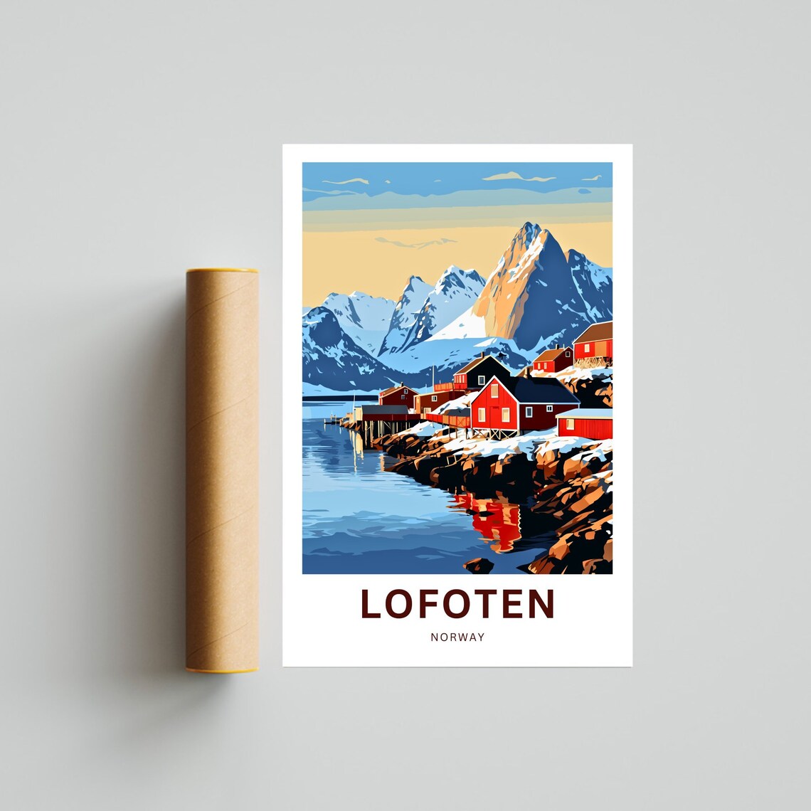 Lofoten Norway Custom Text Red Cabins Fjord Snowy Peaks Travel Poster - Image 4