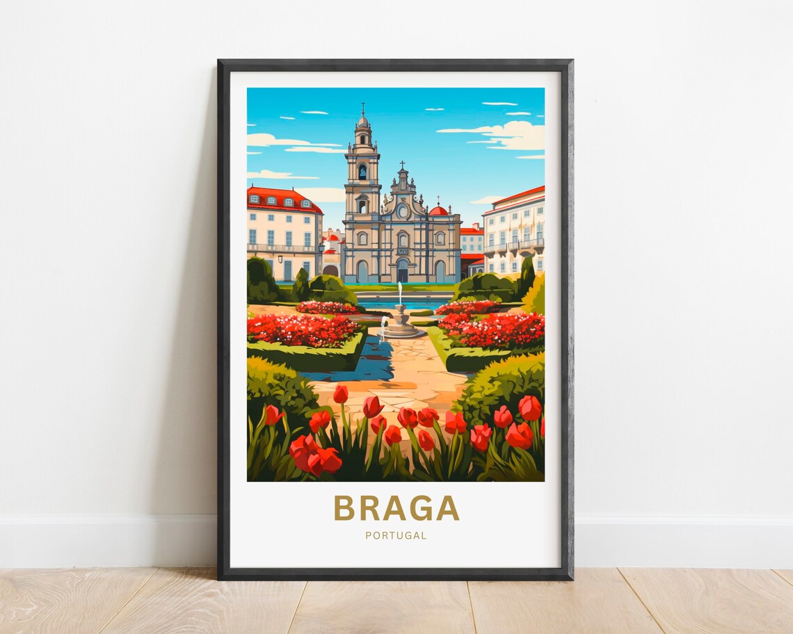 Braga Portugal Baroque Church Courtyard Tulip Garden Travel Poster