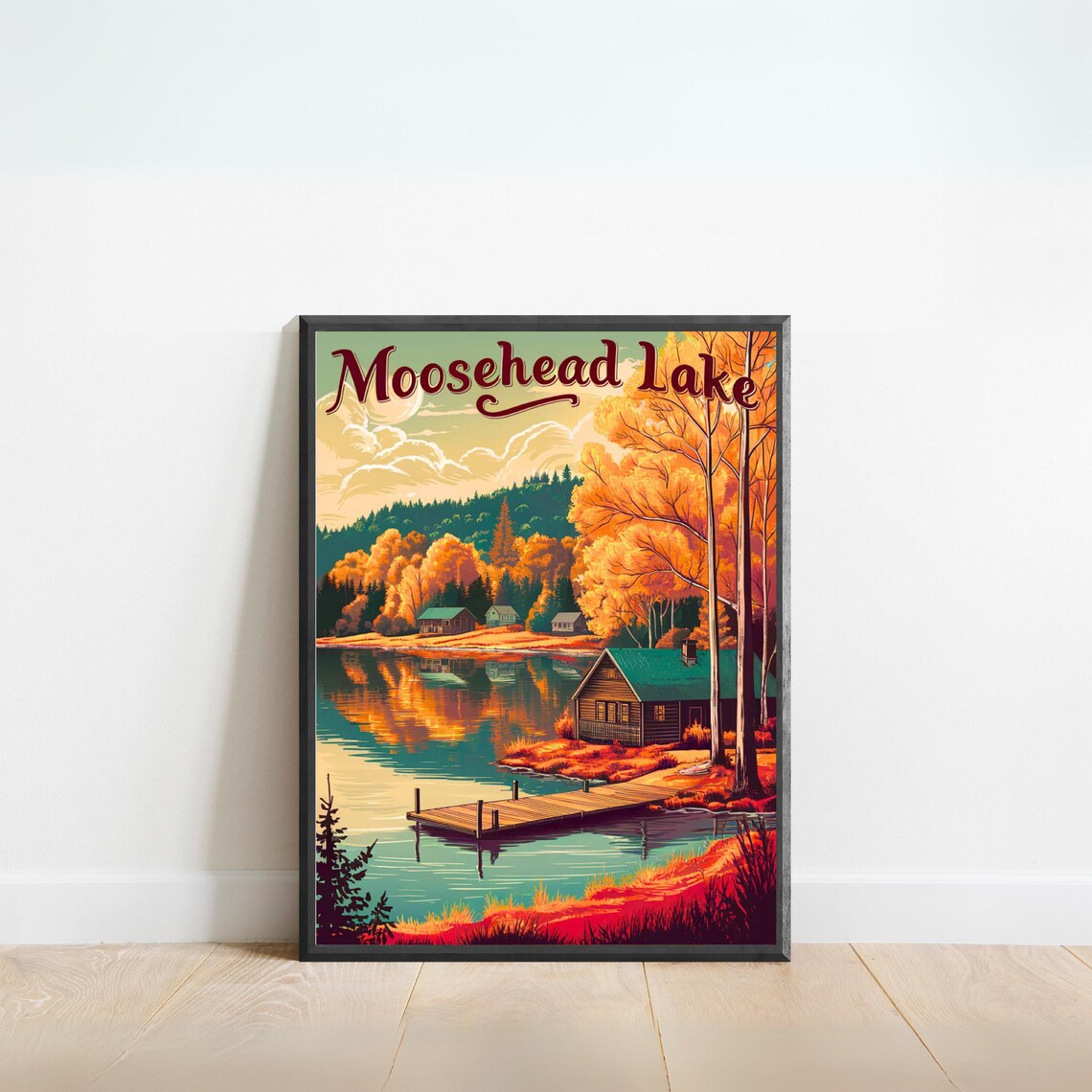 Moosehead Lake Maine Autumn Cabin Dock Reflection Vintage Travel Poster