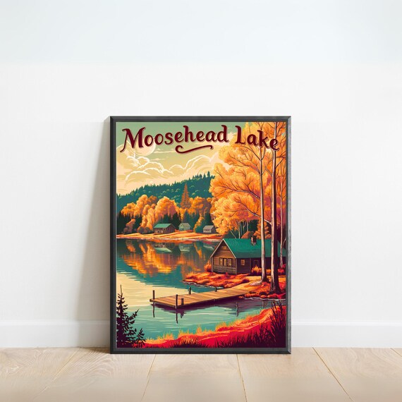 Moosehead Lake Maine Autumn Cabin Dock Reflection Vintage Travel Poster
