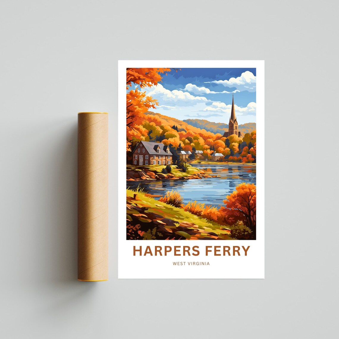 Harpers Ferry Autumn Riverbank with Church Spire Hillside Poster - Image 4