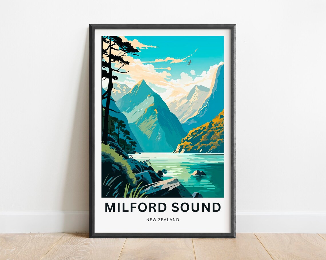 Milford Sound New Zealand Fjord Peaks Pine Tree Vintage Travel Poster
