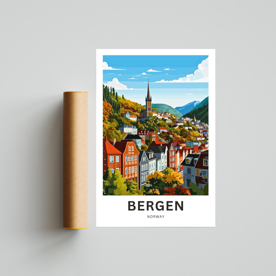Bergen Norway Hillside Church Spire Autumn Rooftops Travel Poster - Image 4