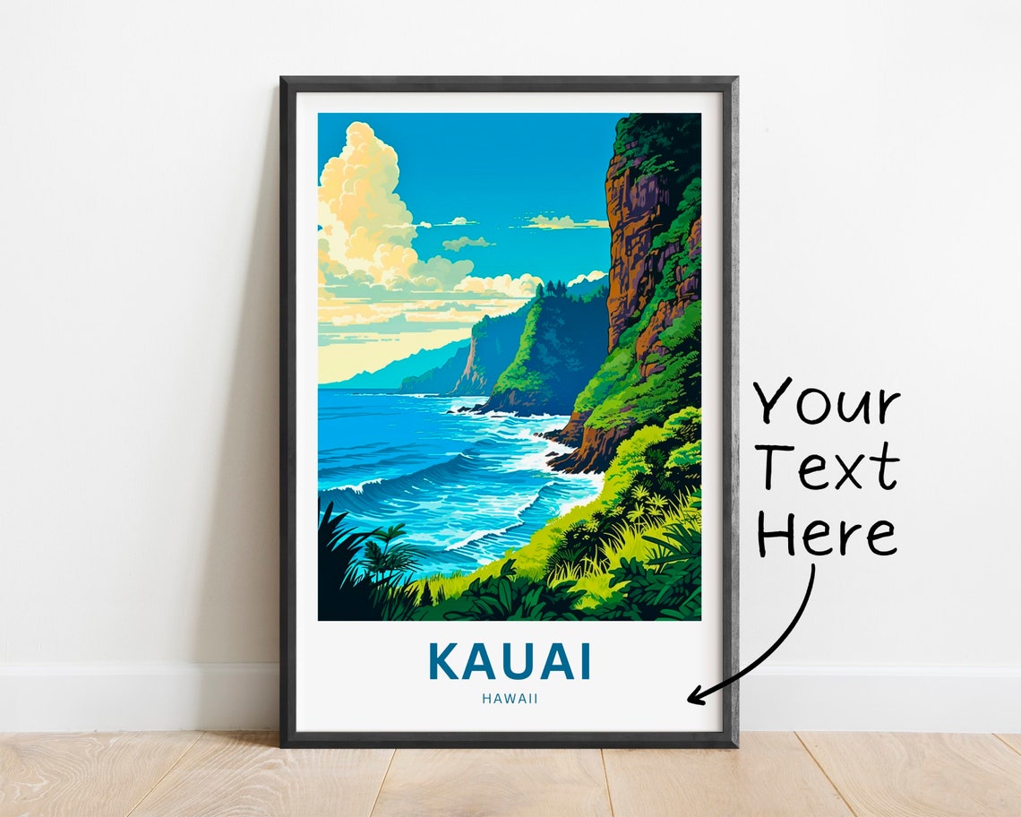 Personalized Kauai Hawaii Sea Cliffs Travel Poster With Custom Text