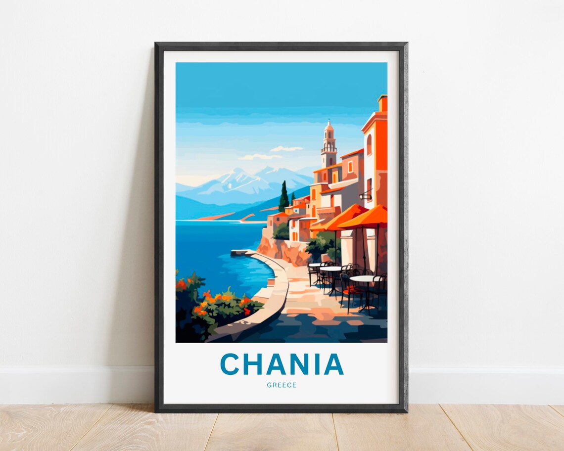 Chania Greece Old Harbor Promenade Waterfront Scene Travel Poster