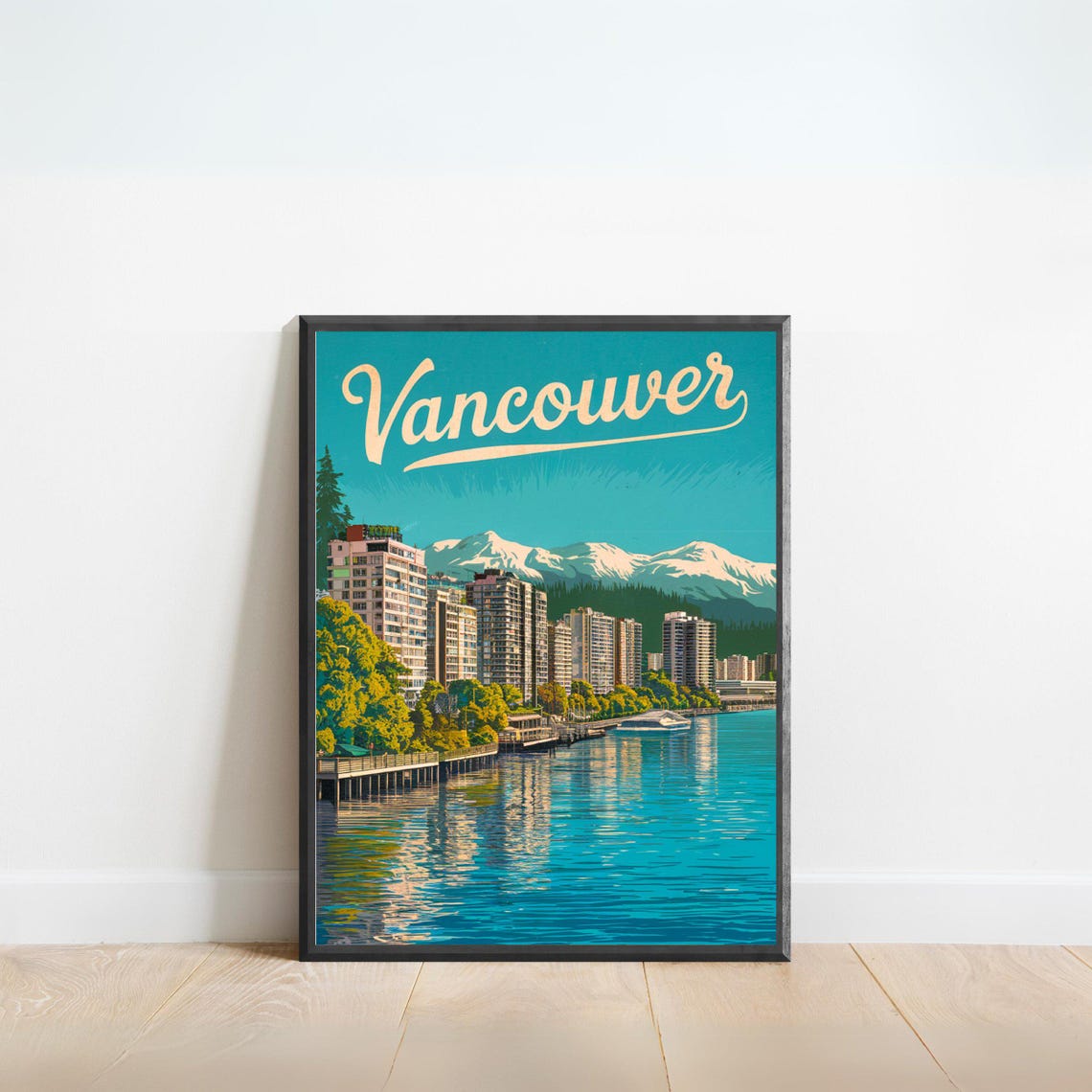 Vancouver Canada Waterfront Skyline Mountain Retro Travel Poster
