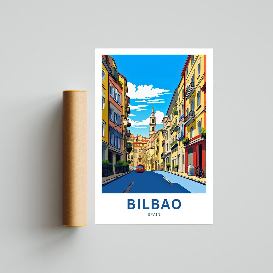 Bilbao Spain Colorful Old Town Street Church Tower Travel Poster - Image 4