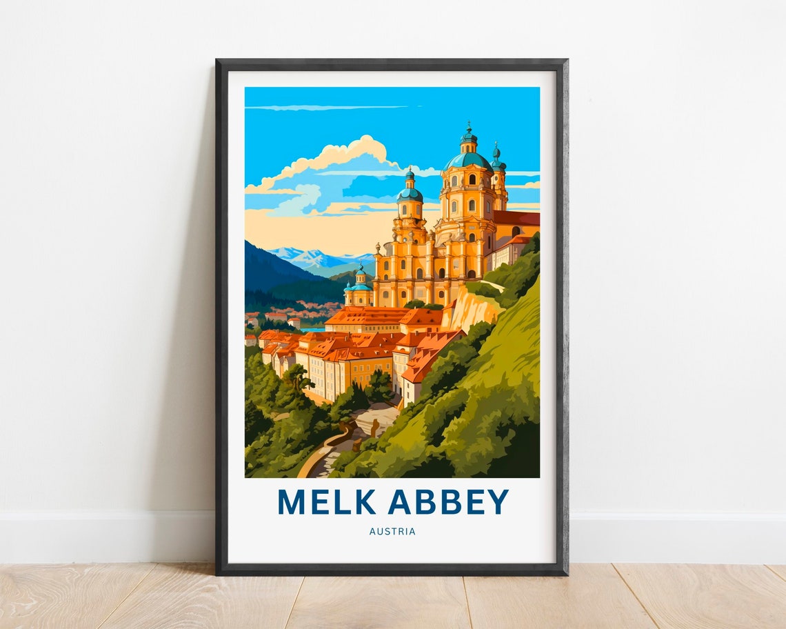 Melk Abbey Austria Sunset Glow Cliffside Vista Travel Poster