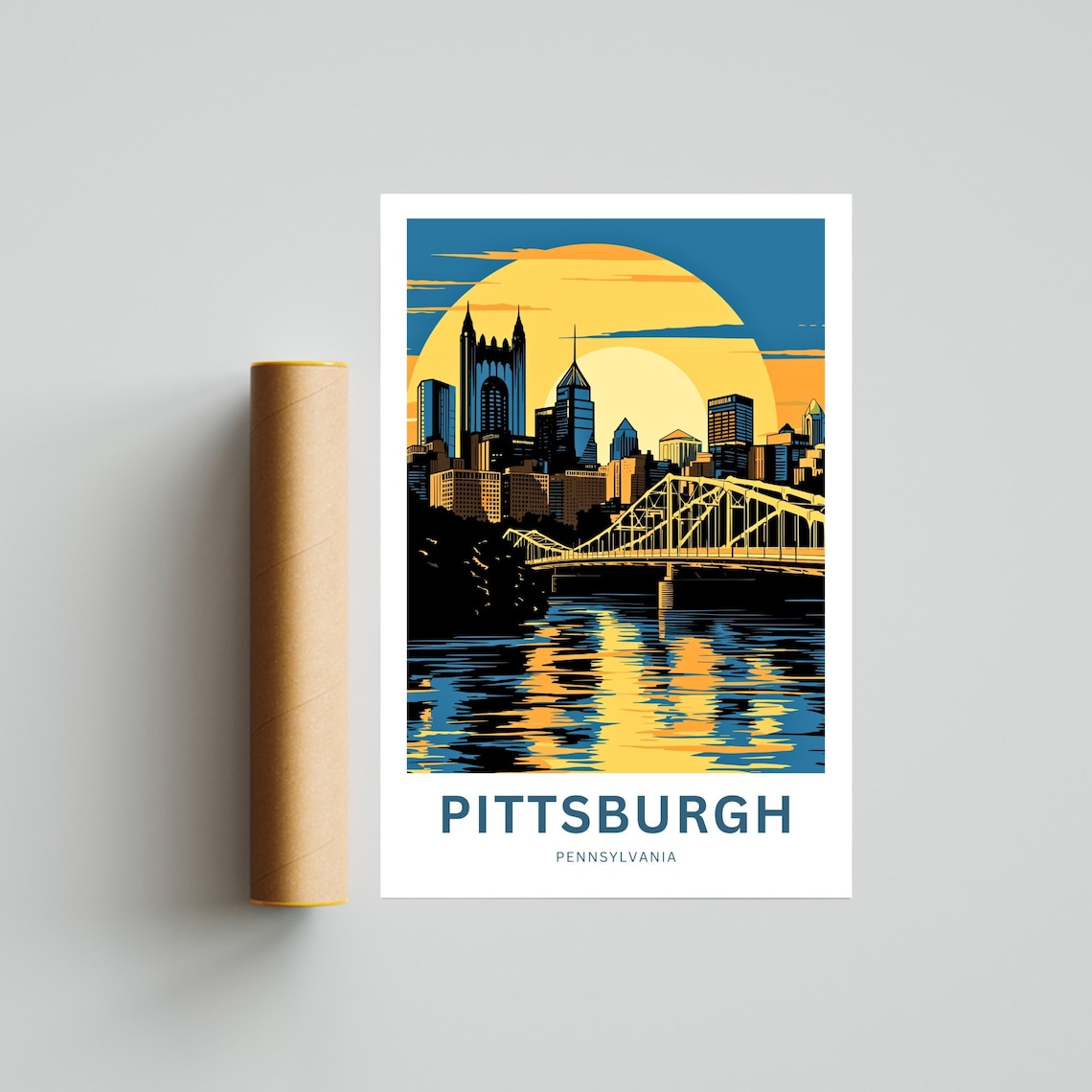 Personalized Pittsburgh Pennsylvania Golden Sun Skyline Bridge Poster - Image 4