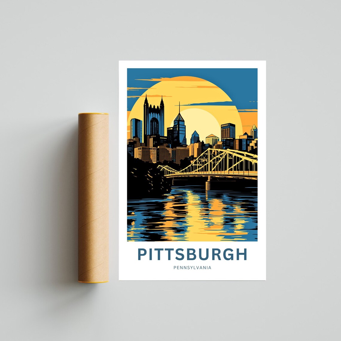 Pittsburgh Pennsylvania Golden Sun Skyline River Bridge Poster - Image 4