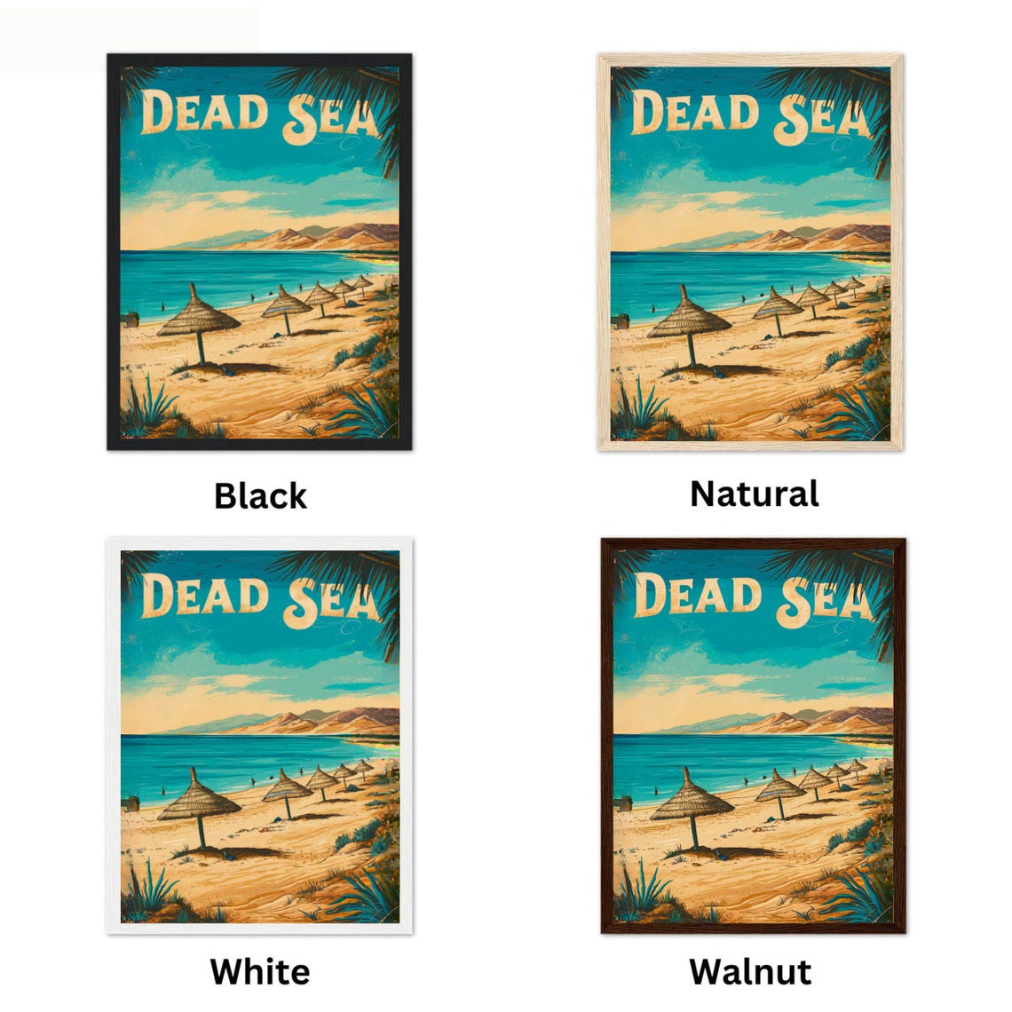 Dead Sea Beach Straw Umbrellas Sandy Shore Retro Sunset Travel Poster - Image 4