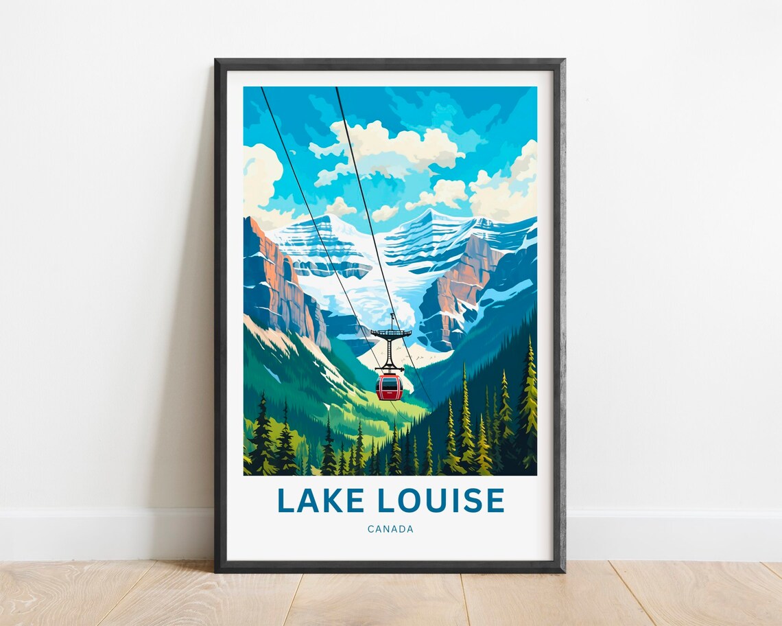 Lake Louise Canada Red Gondola Pine Forest Mountain View Travel Poster