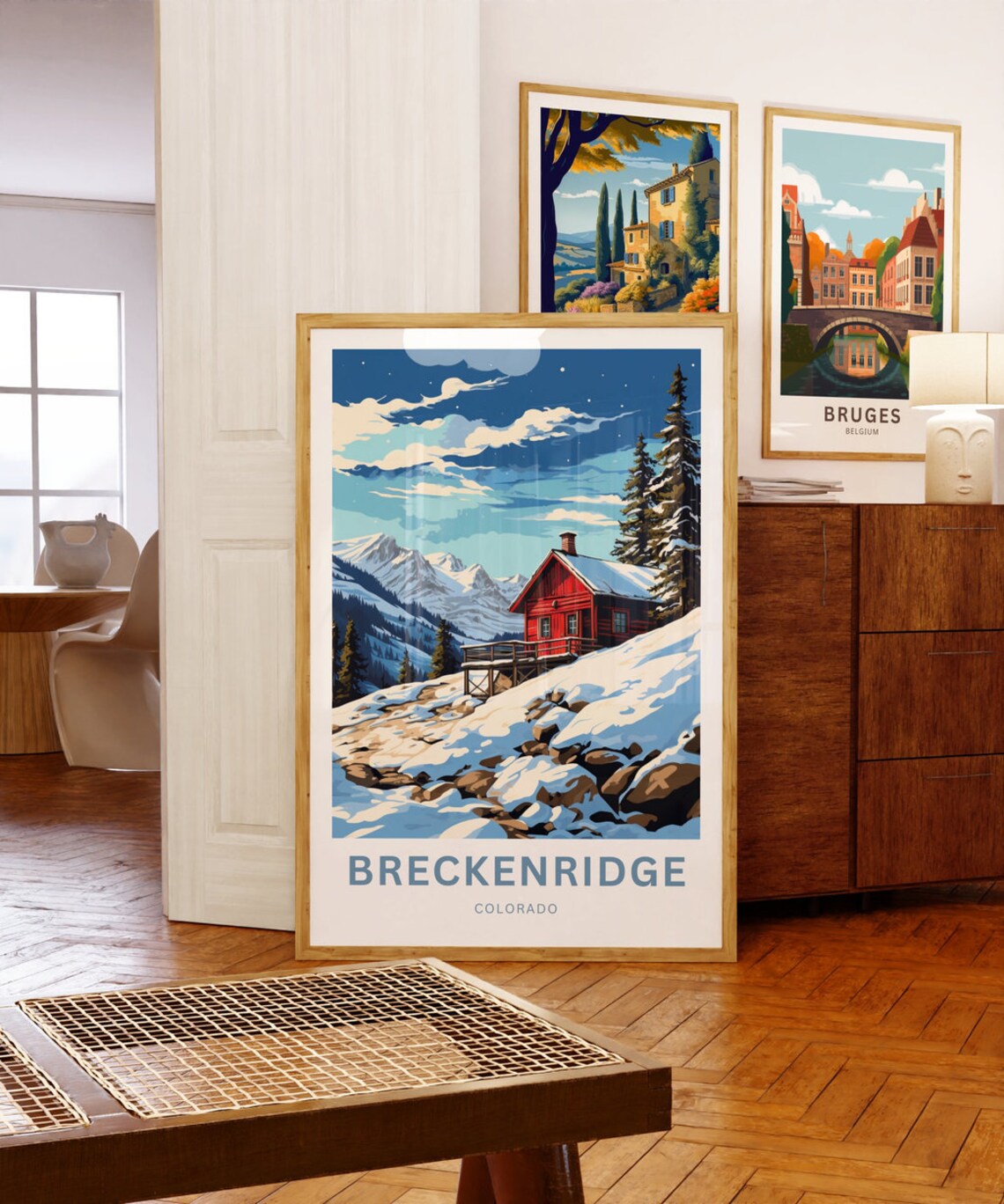 Breckenridge Colorado Red Cabin Snowy Mountains Night Sky Poster - Image 5