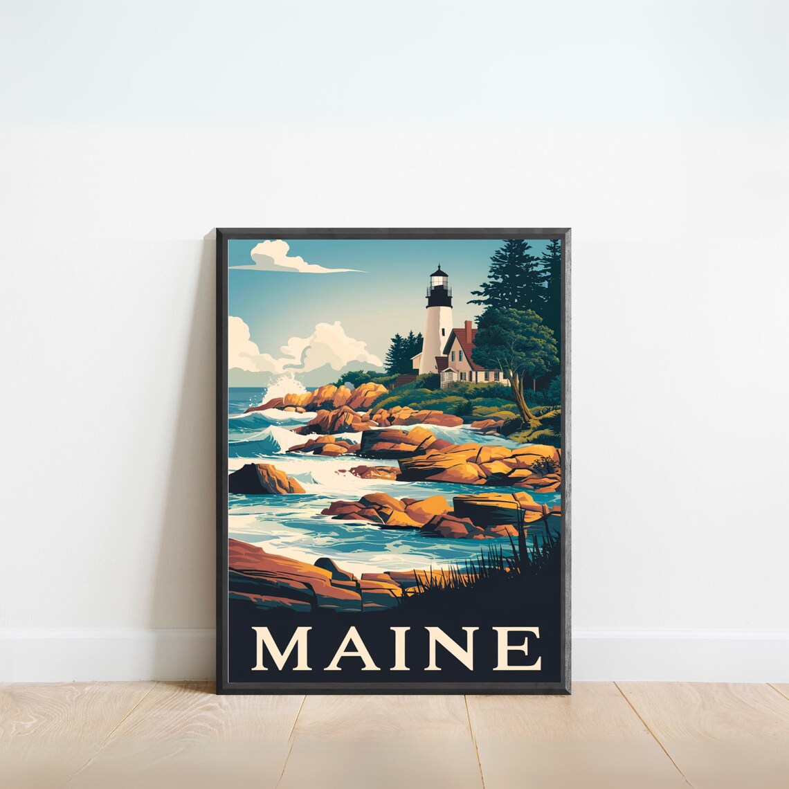 Maine Lighthouse Rocky Coast Vintage Travel Poster New England Decor