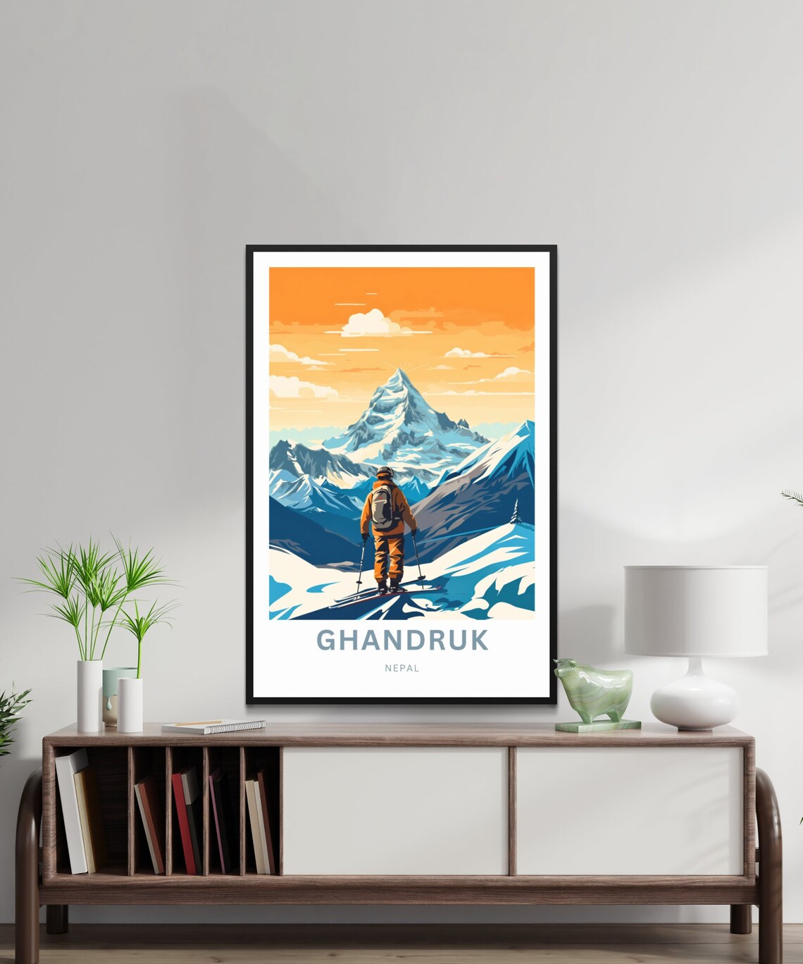 Ghandruk Nepal Skier Facing Snow Peak Himalaya Travel Poster - Image 3