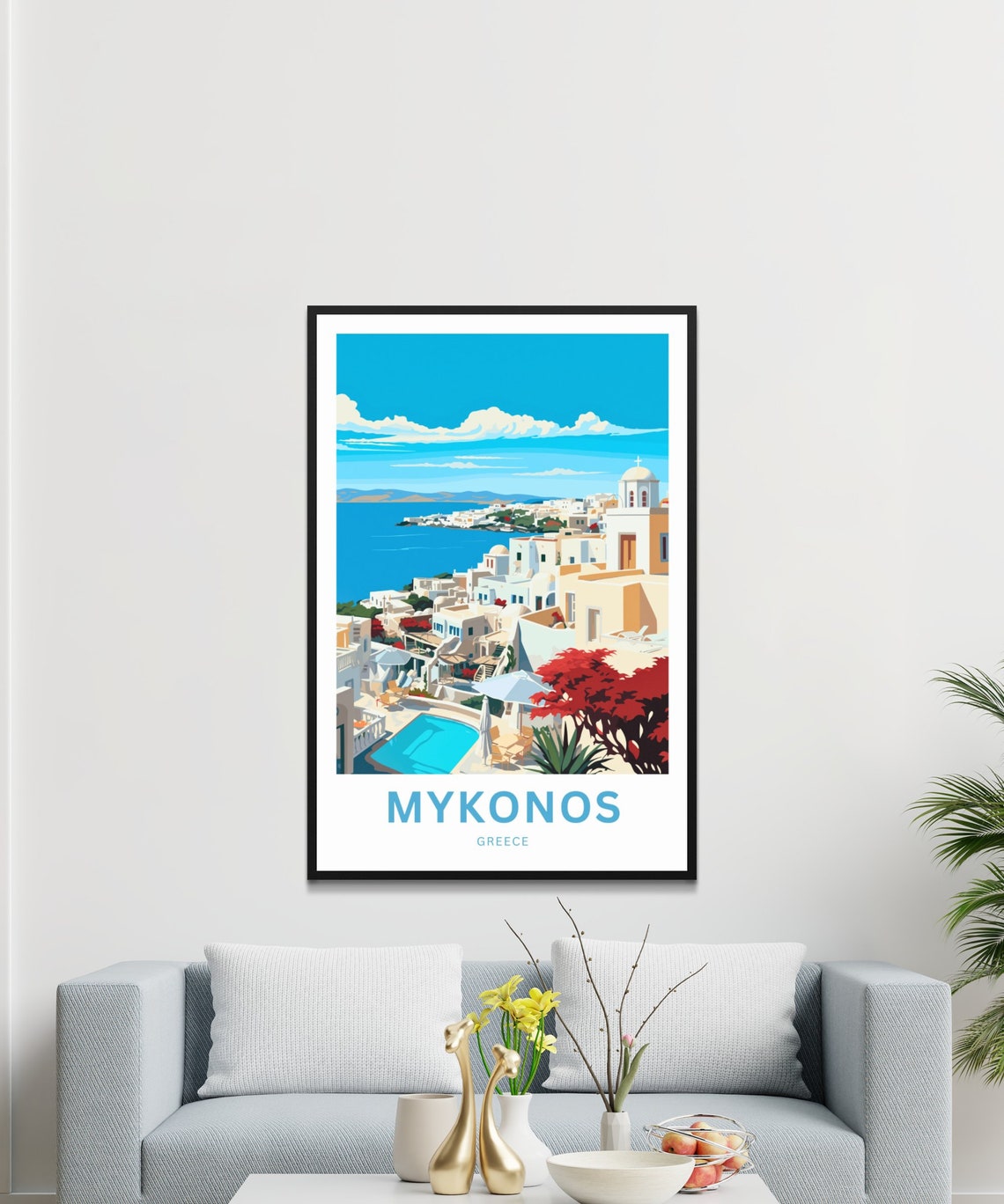 Mykonos Greece Whitewashed Clifftop Town Pool Aegean Sea View Poster - Image 3