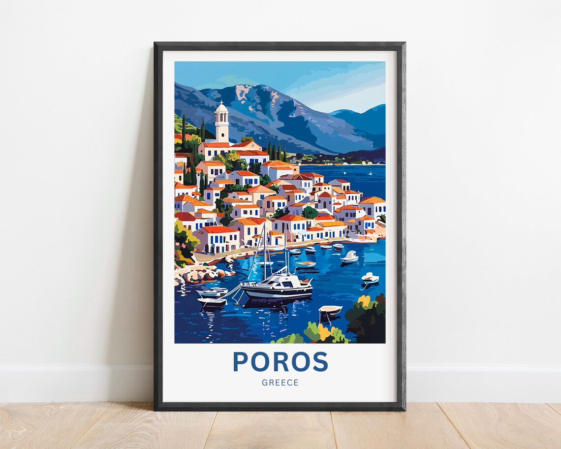 Poros Greece Bay Town Fishing Boats Bright Harbor Travel Poster