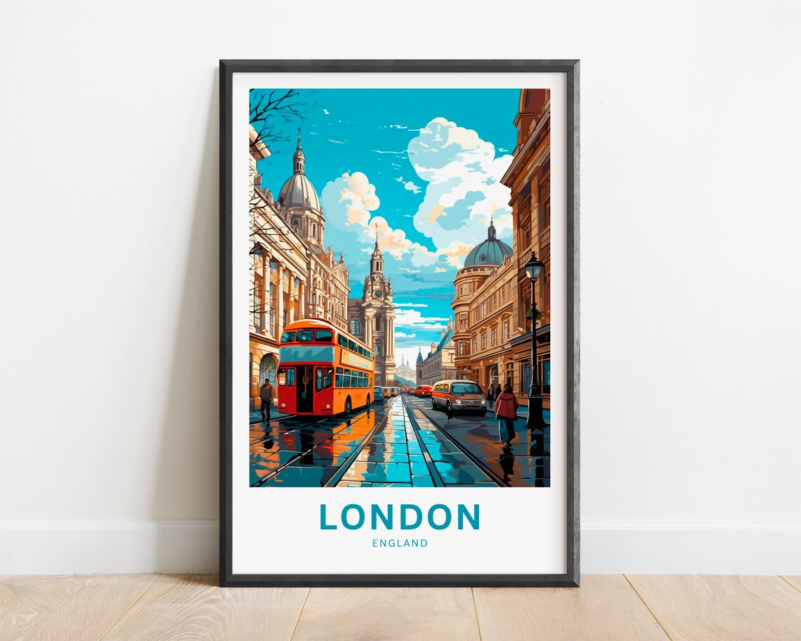 London England Red Double Decker Bus Street Scene Travel Poster