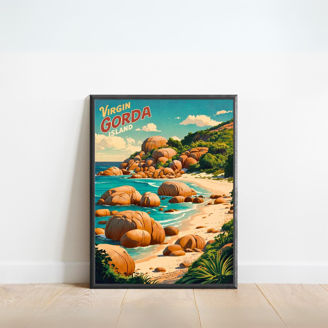 Virgin Gorda Island Vintage Granite Boulders Beach Travel Poster
