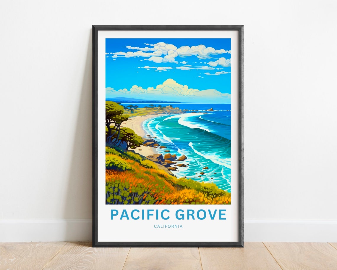 Pacific Grove California Beach Waves Retro Travel Poster Coastline