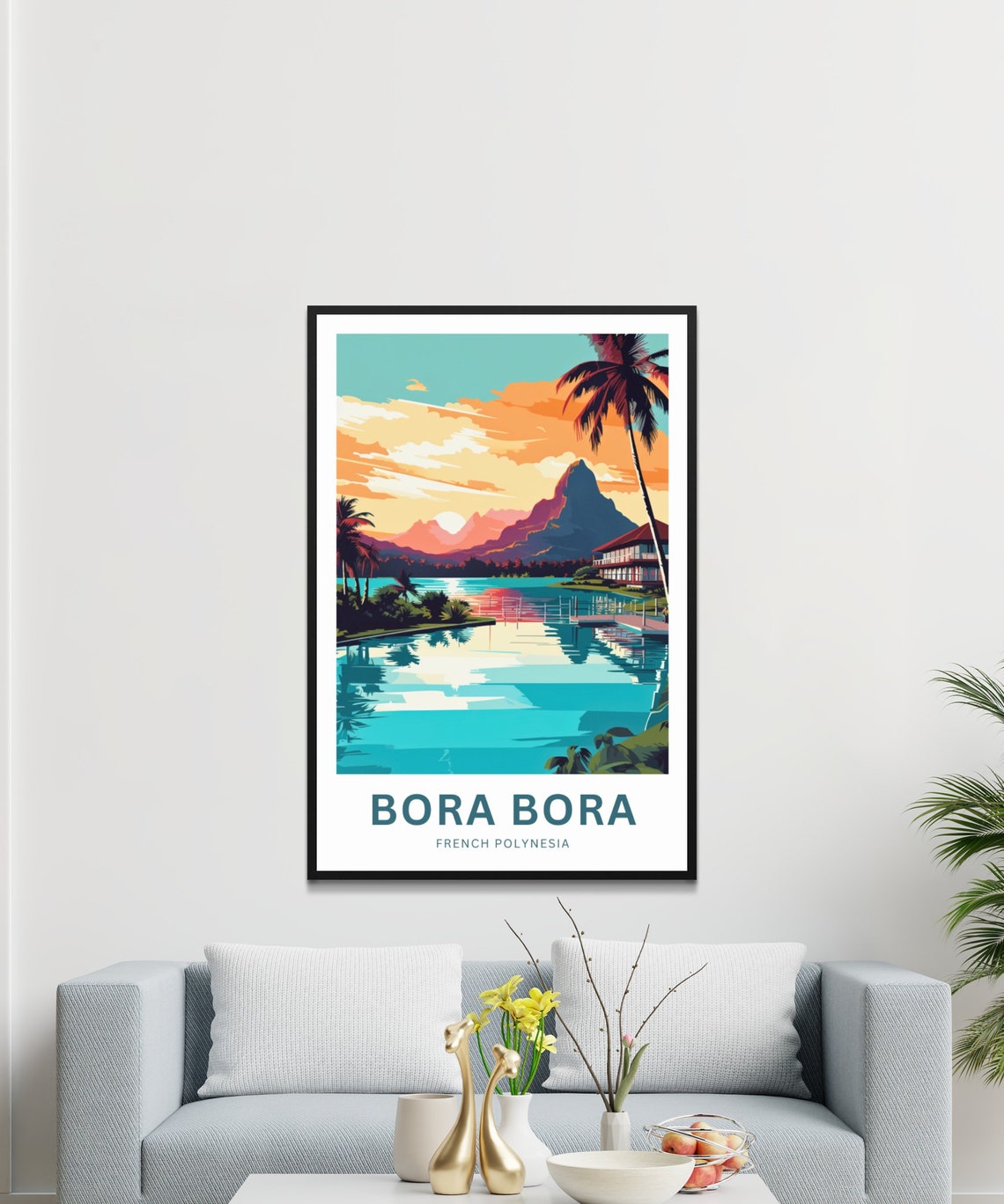 Personalized Bora Bora Custom Text Lagoon Sunset Mountain Scene Poster - Image 3