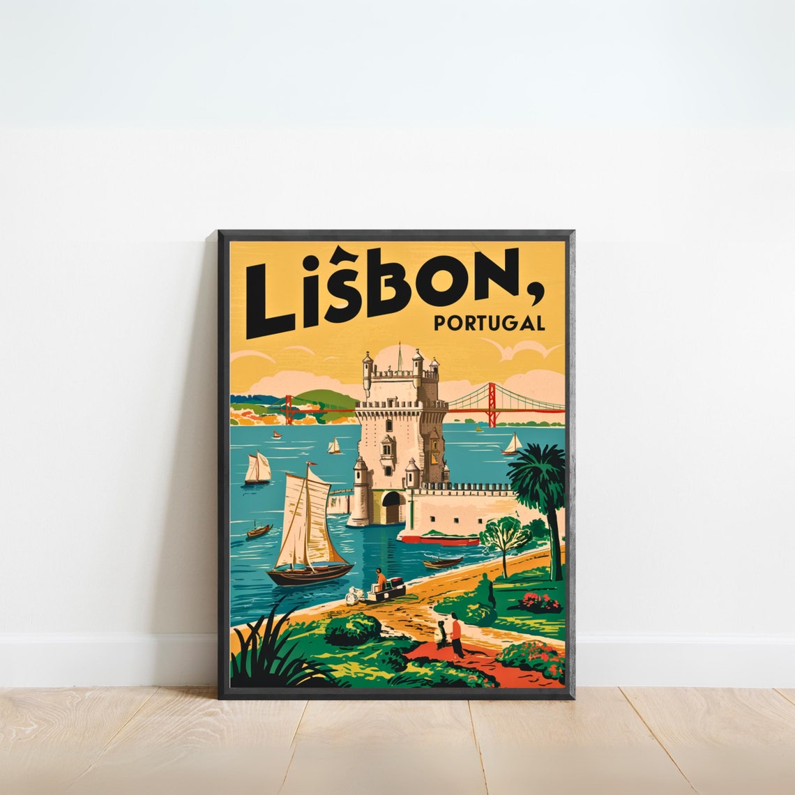 Lisbon Portugal Vintage Belem Tower Sailing Retro Travel Poster
