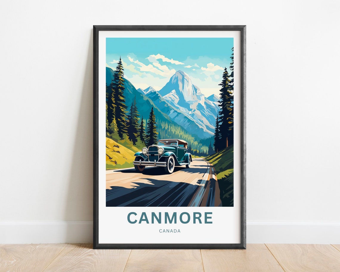 Canmore Canada Vintage Car Mountain Road Pine Forest Travel Poster