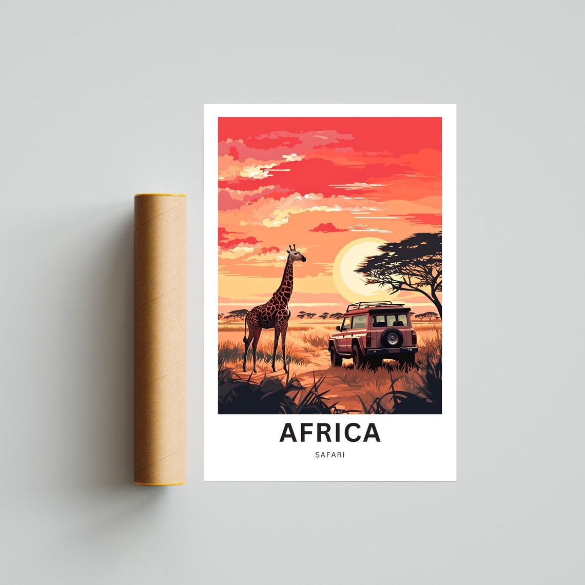 Africa Safari Sunset Poster with Lone Giraffe and Red Jeep Art - Image 4