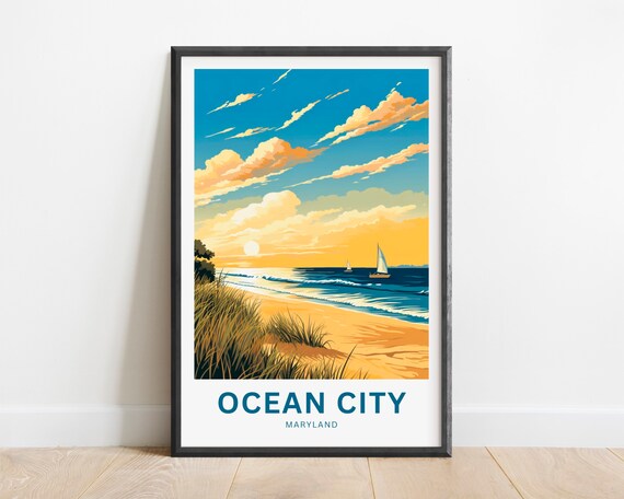 Ocean City Maryland Golden Sunset Beach Sailboats Travel Poster