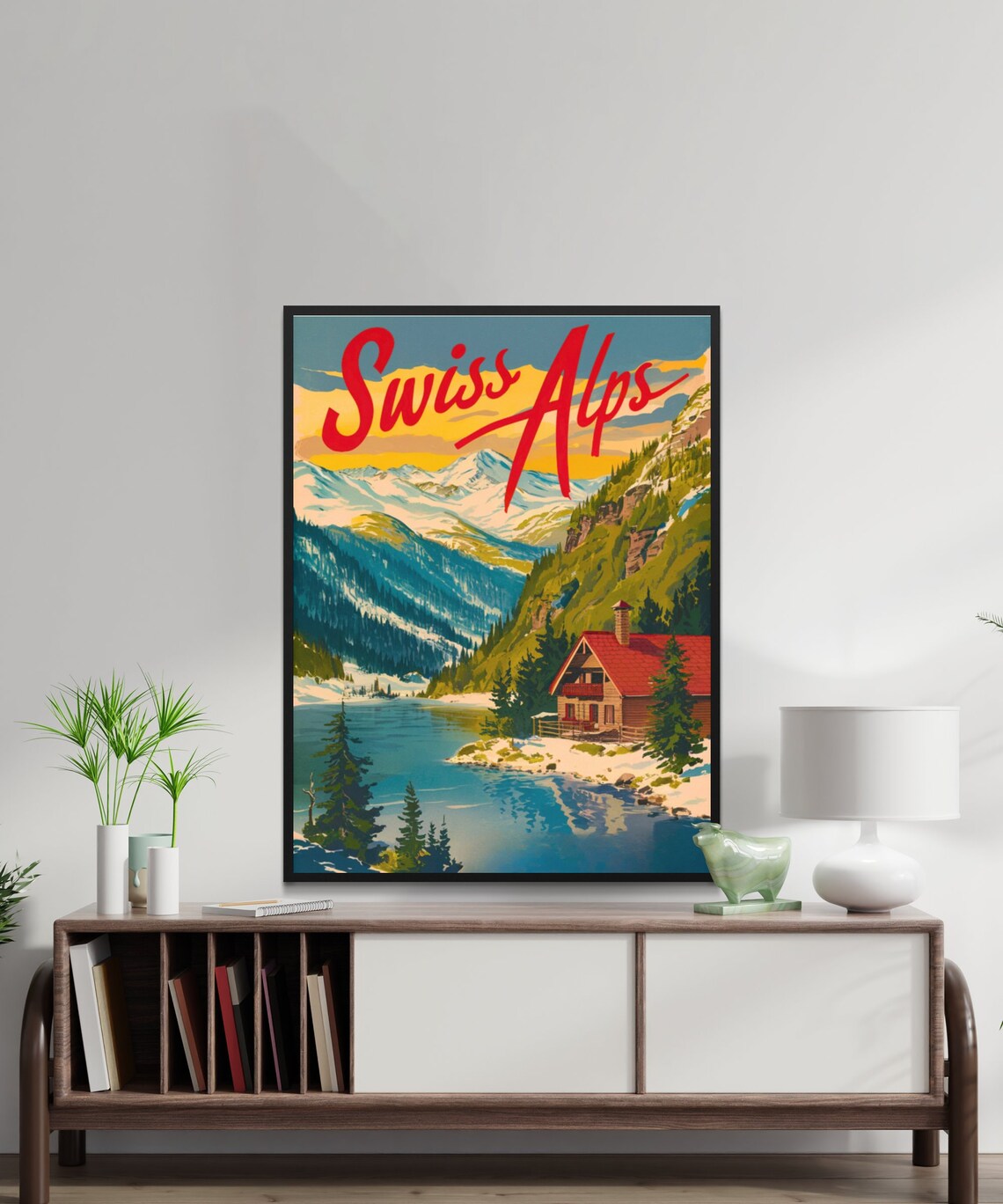 Swiss Alps Vintage Style Lake Cabin and Snowy Peaks Art Poster - Image 3