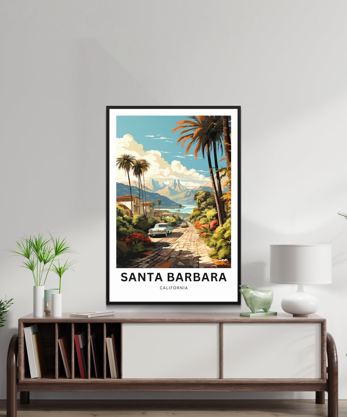 Santa Barbara California Palm Lined Street Vintage Cars Travel Poster - Image 2