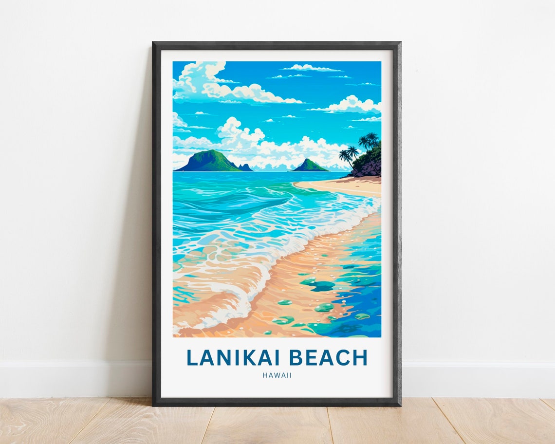 Lanikai Beach Hawaii Turquoise Waves Islands Retro Travel Poster