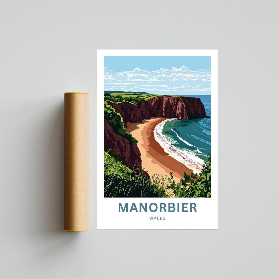 Manorbier Wales Red Cliff Beach Cove Dramatic Coastline Poster - Image 2