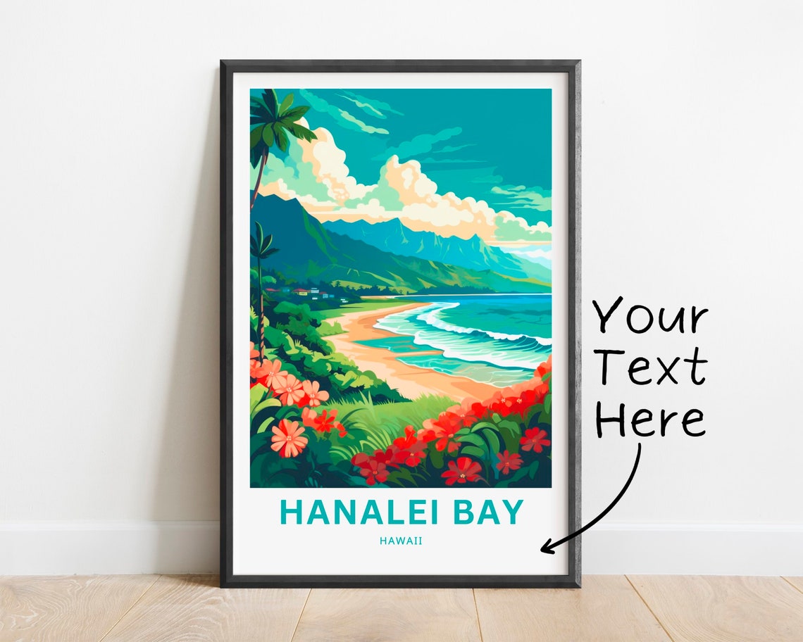 Personalized Hanalei Bay Hawaii Hibiscus Custom Text Travel Poster