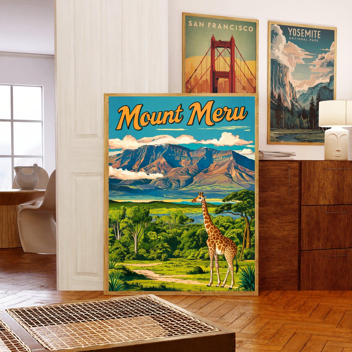 Mount Meru Tanzania Giraffe Grassland Mountain Travel Poster - Image 5