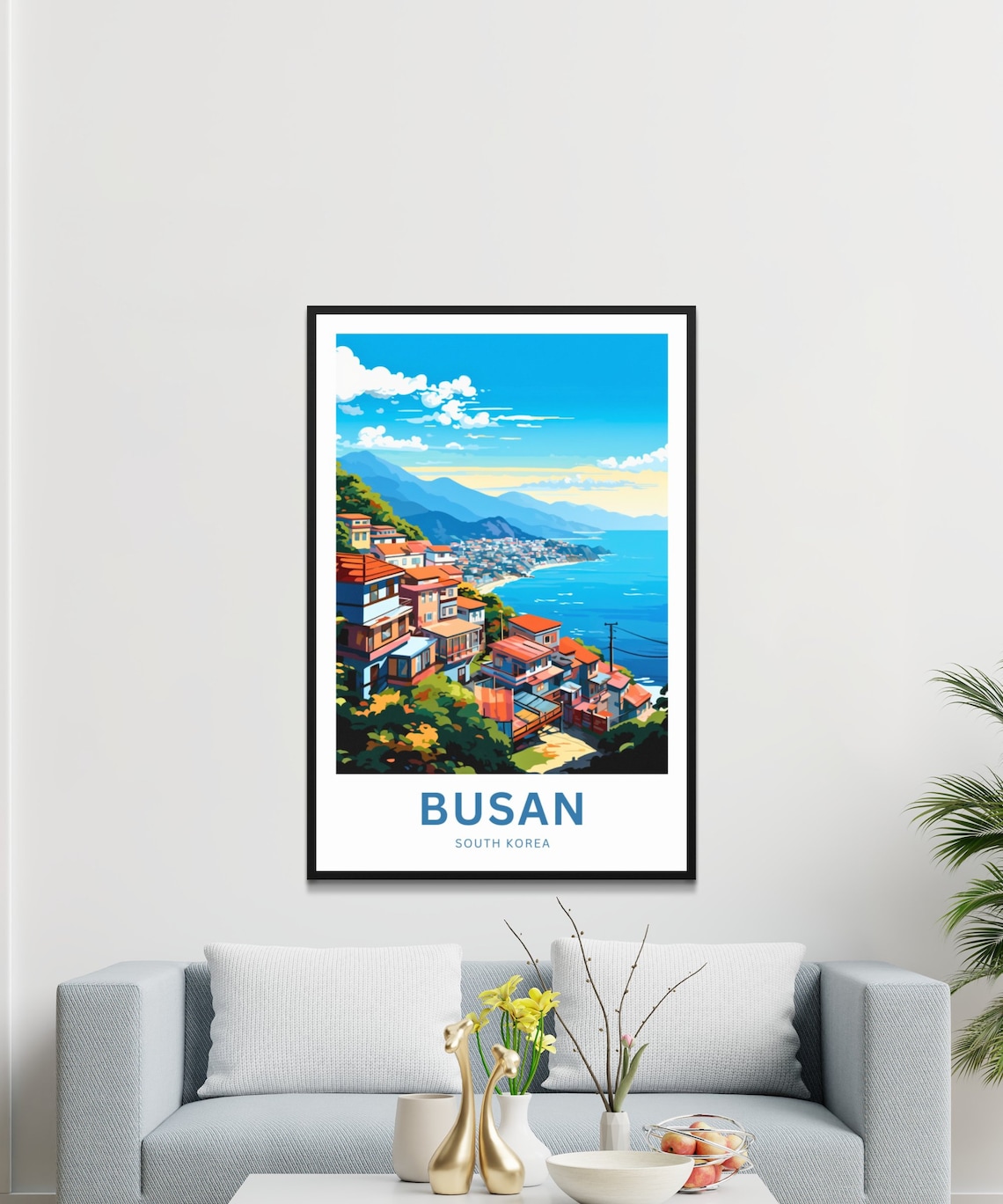 Busan South Korea Red Roof Houses Coastal Bay Scene Travel Poster - Image 3