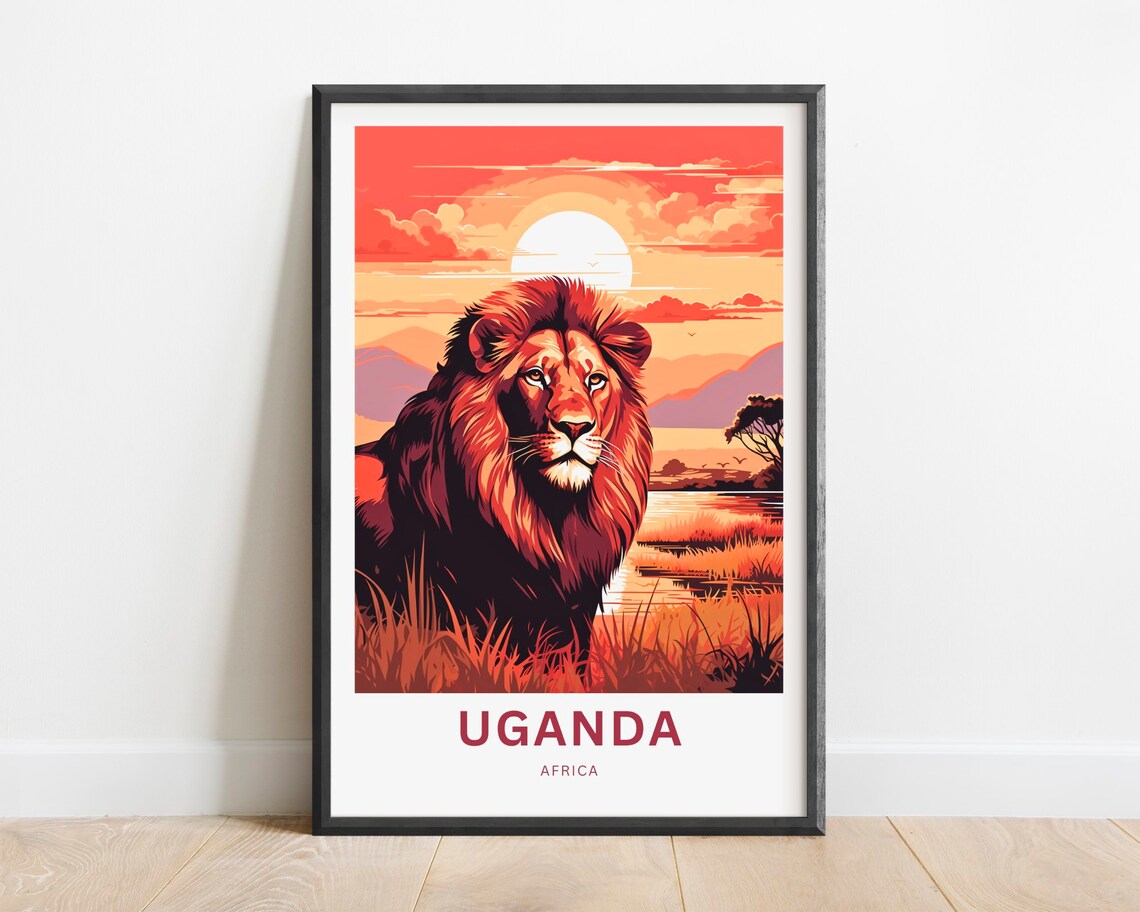Uganda Africa Travel Poster Majestic Lion Portrait Sunset Wildlife