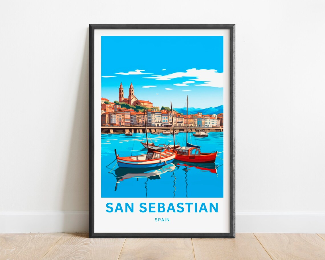 San Sebastian Spain Fishing Boats Bay Marina Retro Travel Poster