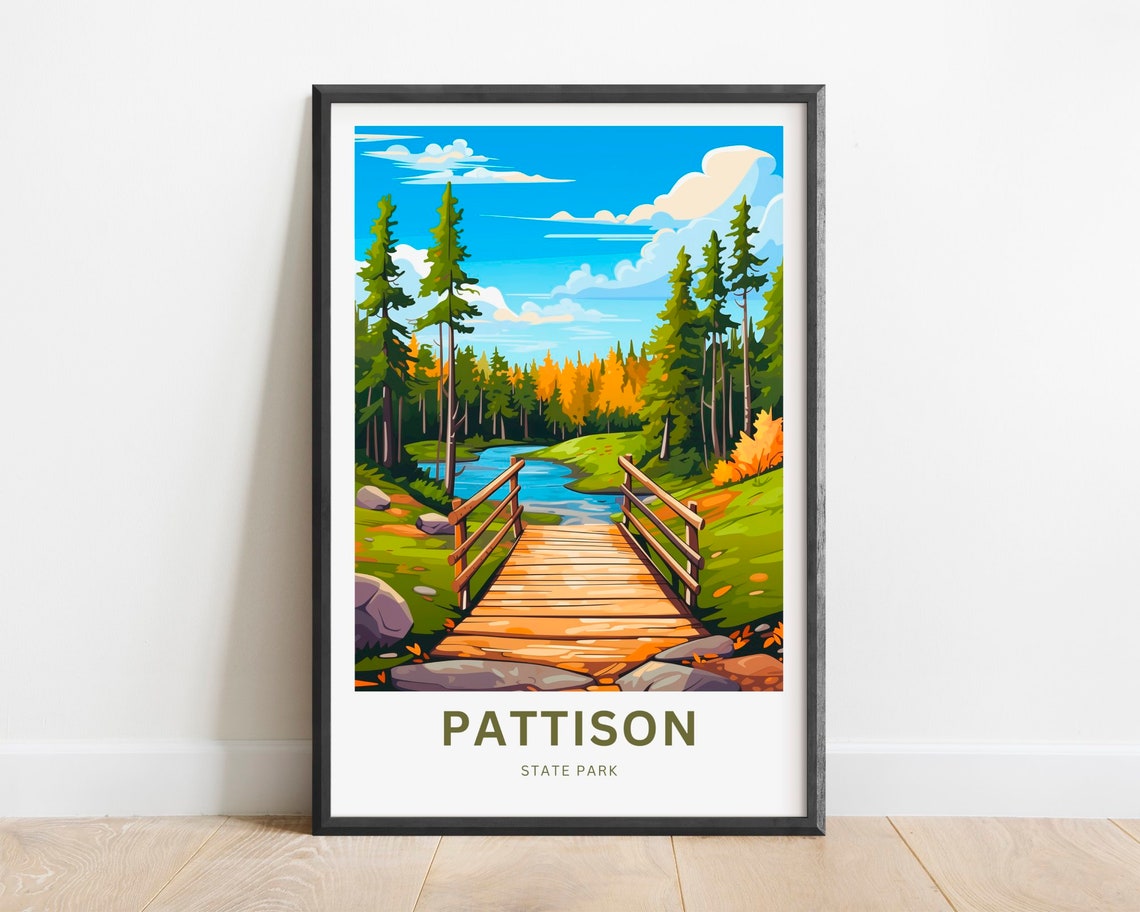 Pattison State Park Wooden Bridge Pine Forest Fall Travel Poster