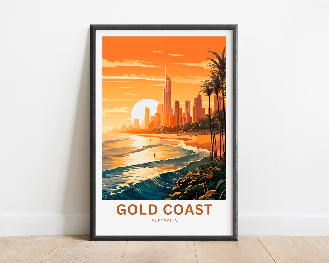 Gold Coast Australia Sunset Surfer Skyline Vintage Travel Poster
