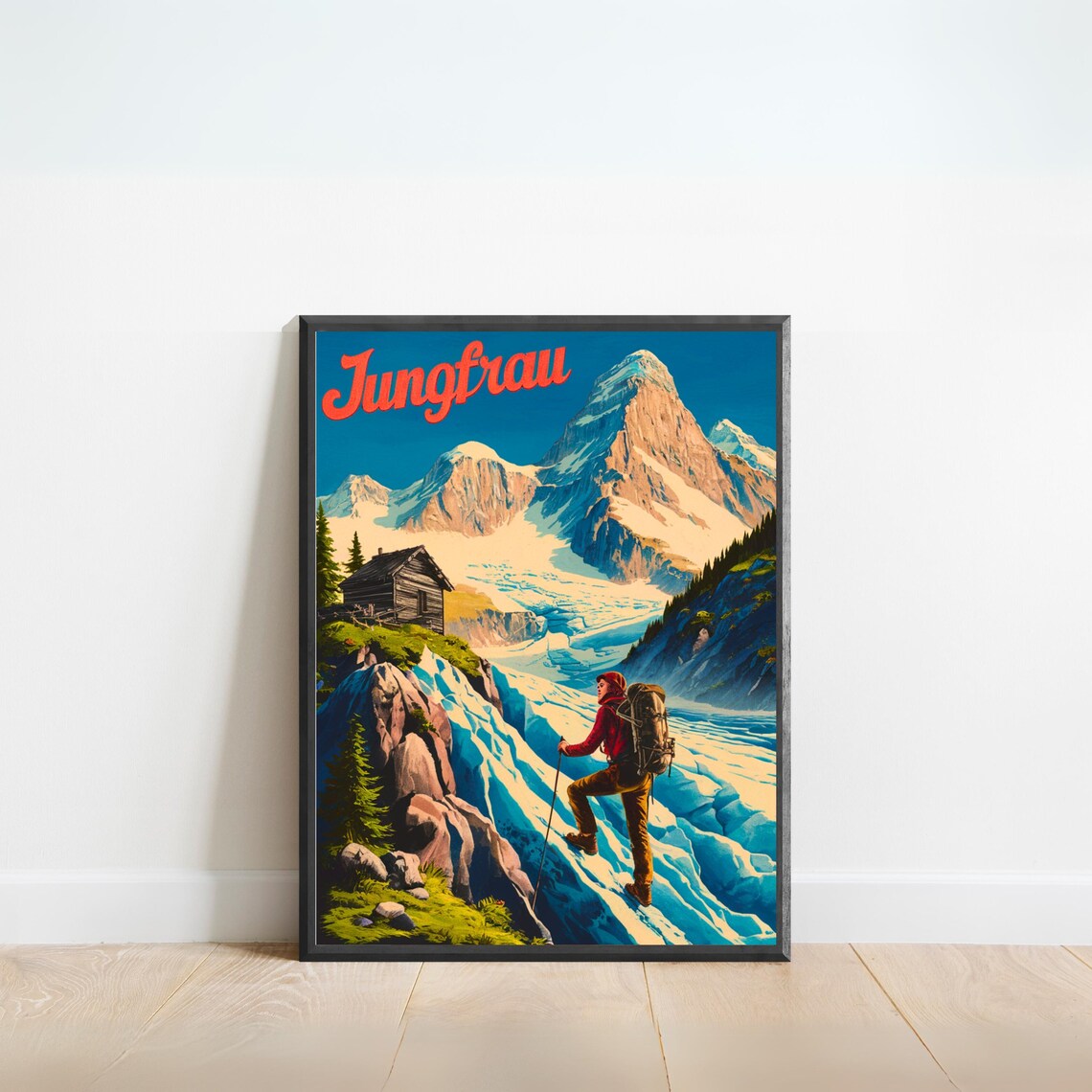 Jungfrau Switzerland Vintage Glacier Hiker Mountain Travel Poster