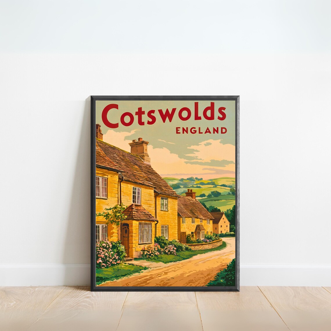 Cotswolds England Vintage Stone Cottages Retro Travel Poster