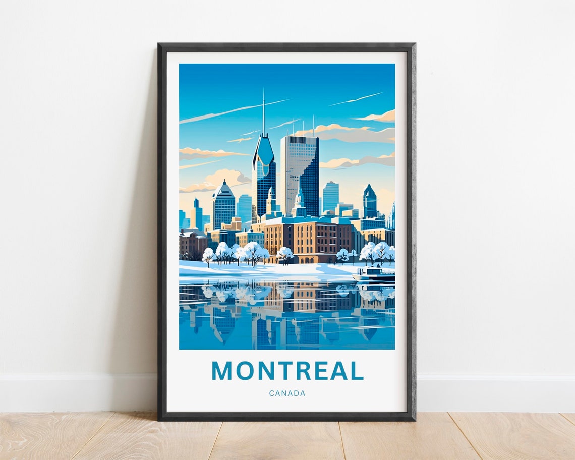 Montreal Canada Snowy Winter Skyline Reflected In River Water Poster