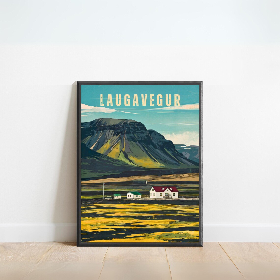 Laugavegur Iceland Mountain Farmhouse Scene Vintage Travel Poster