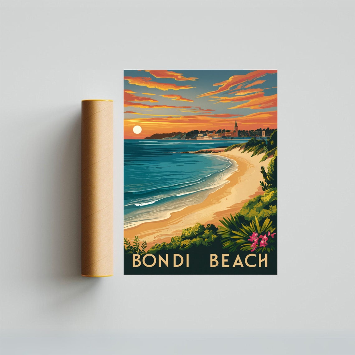 Bondi Beach Dramatic Orange Sunset Bay Rolling Waves Vintage Poster - Image 3