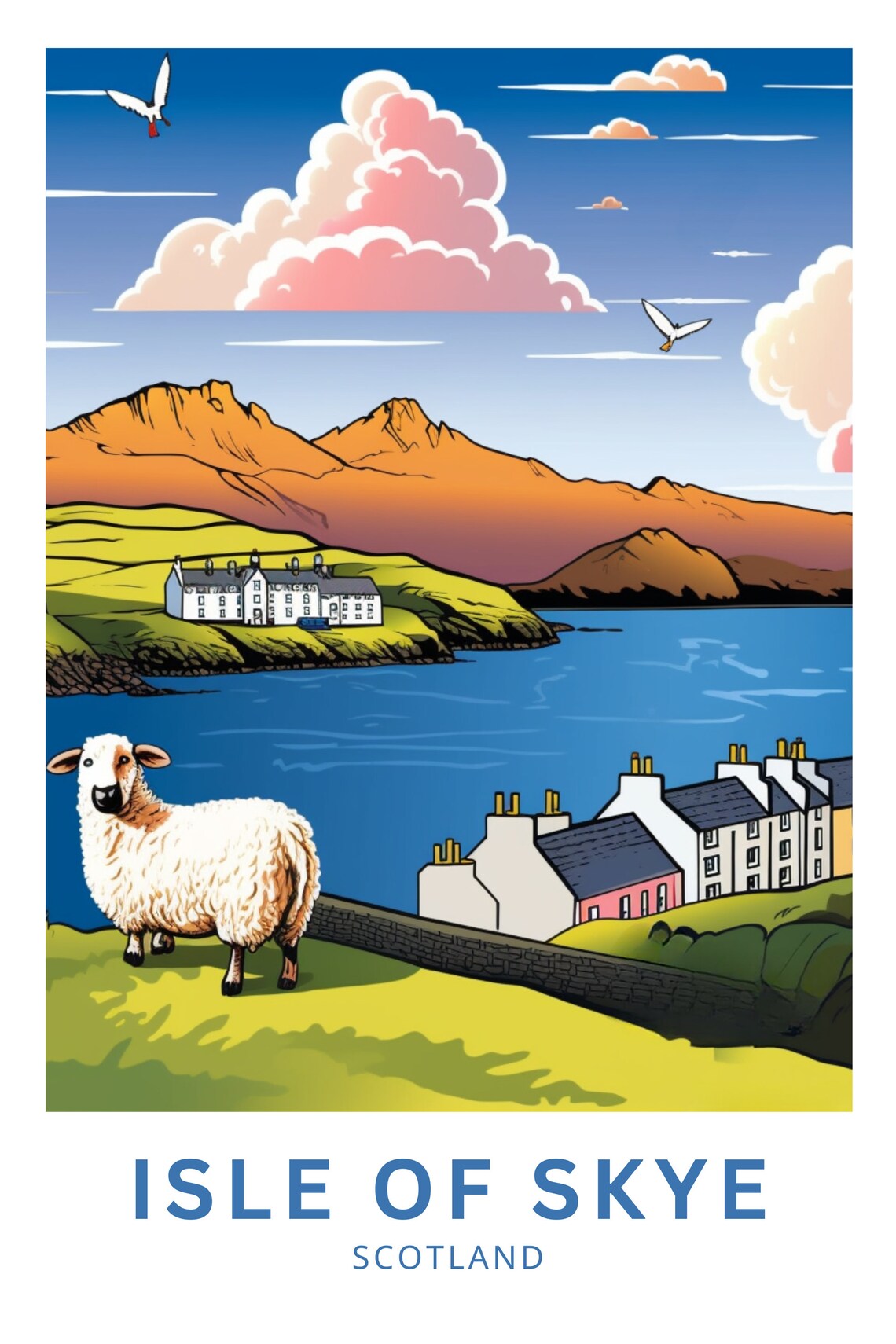 Isle of Skye Scotland Sheep Harbor Cottages Coastal Travel Poster - Image 3