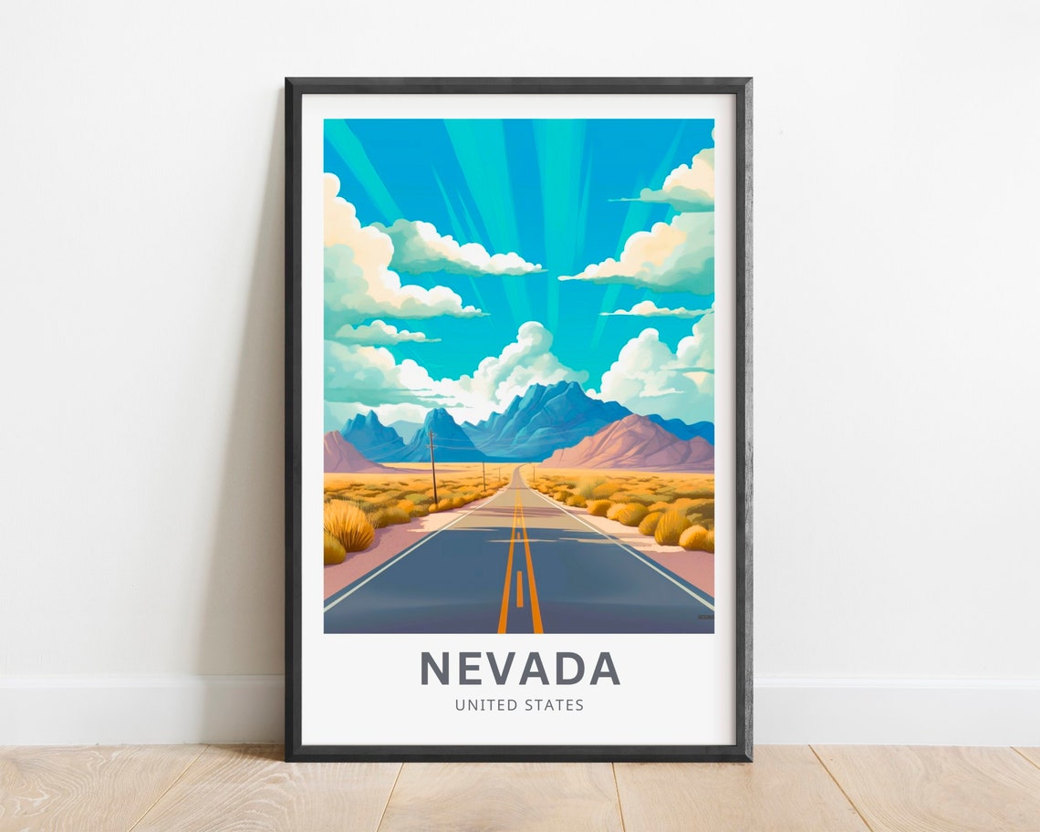 Nevada Desert Highway Mountain Road Retro Style Travel Poster
