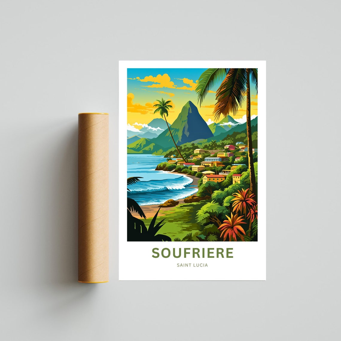Personalized Soufrire Travel Print Soufriere Poster Saint Lucia Wall Art Framed Present Gift Caribbean Present Custom Text - Image 4