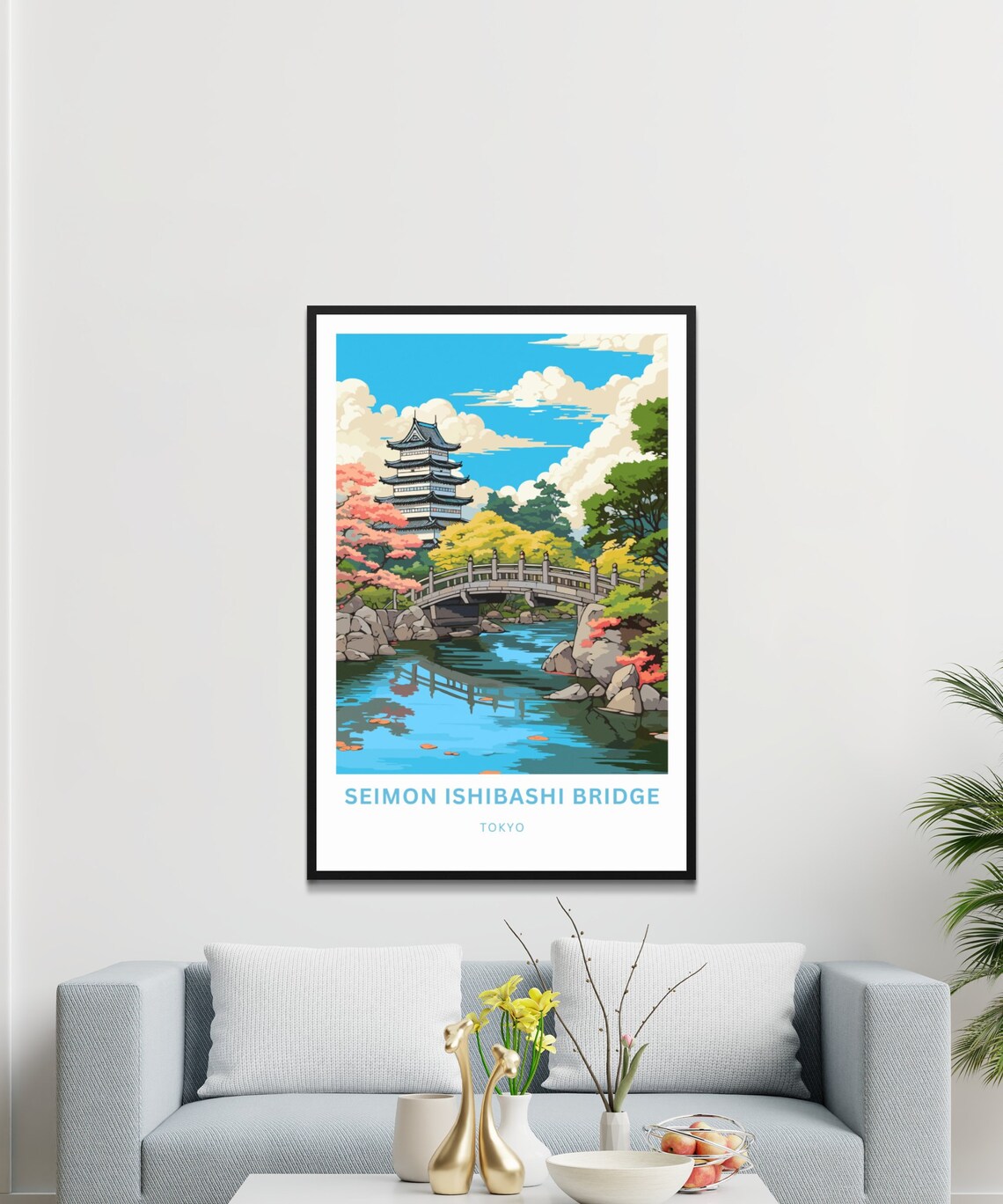 Seimon Ishibashi Bridge Tokyo Pagoda Garden Pond Illustration Poster - Image 3